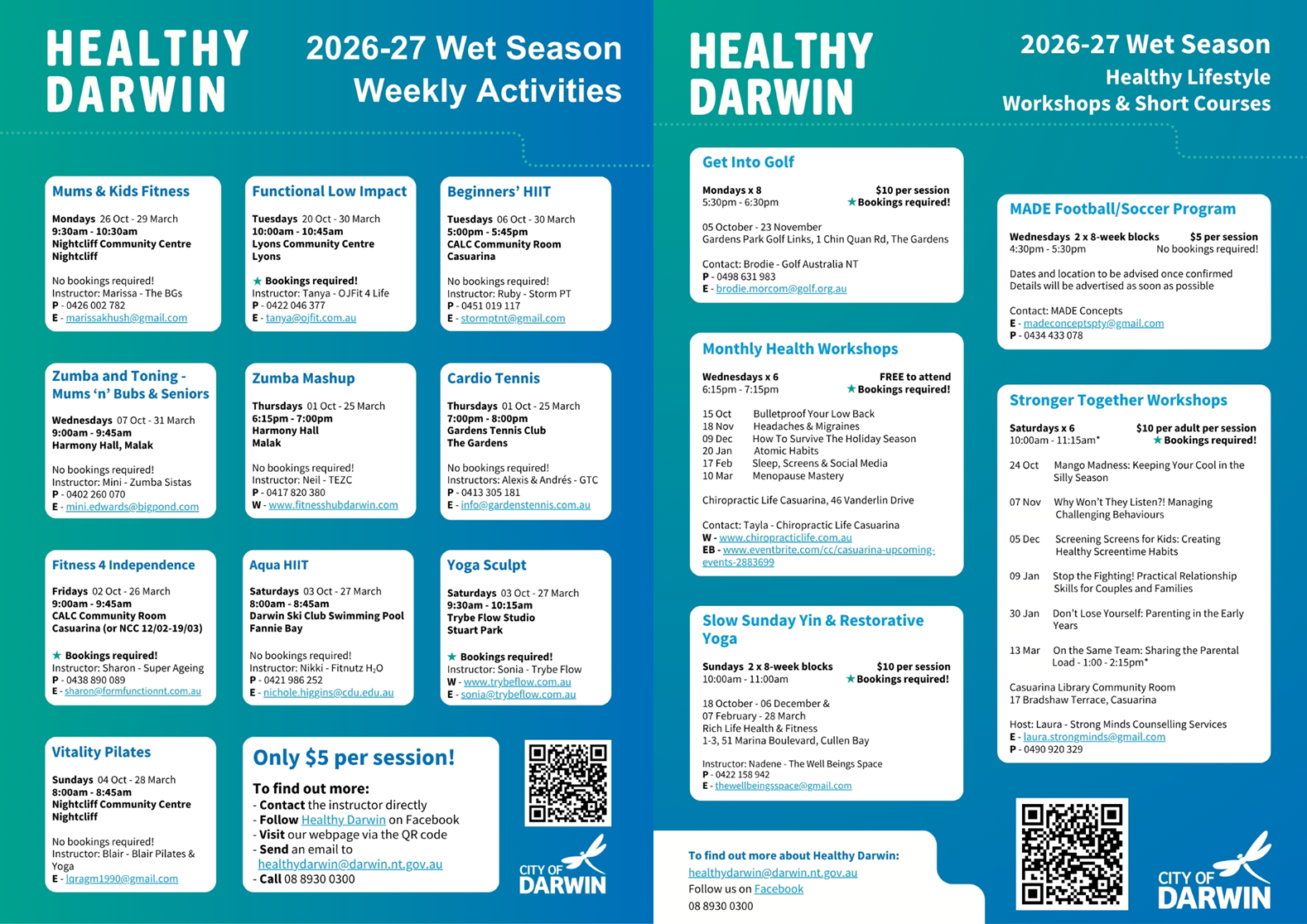 2026-27 Wet Season Overview Flyers for the Weekly Activities and Healthy Lifestyle Workshops & Short Courses programs