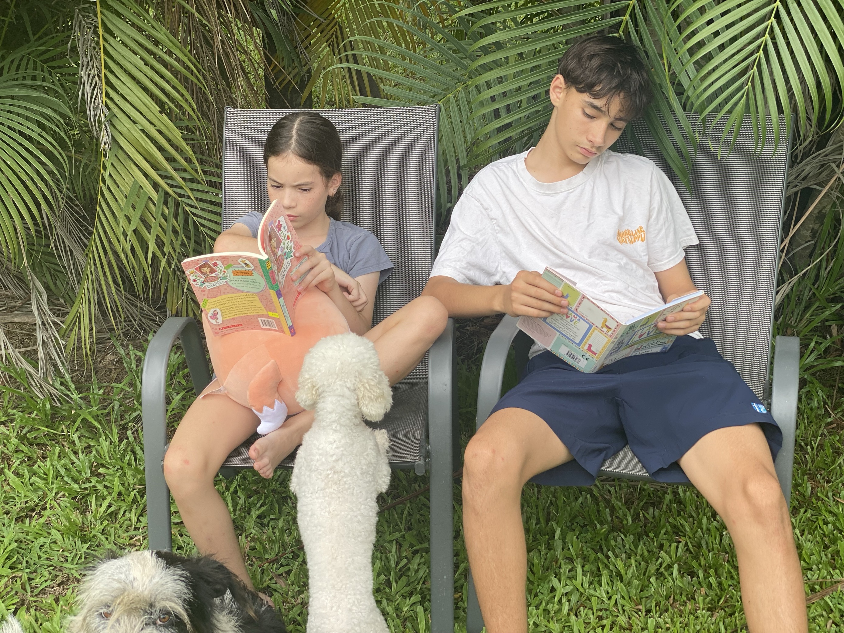 Twi children reading books outside as part of the Dalay Reading Club
