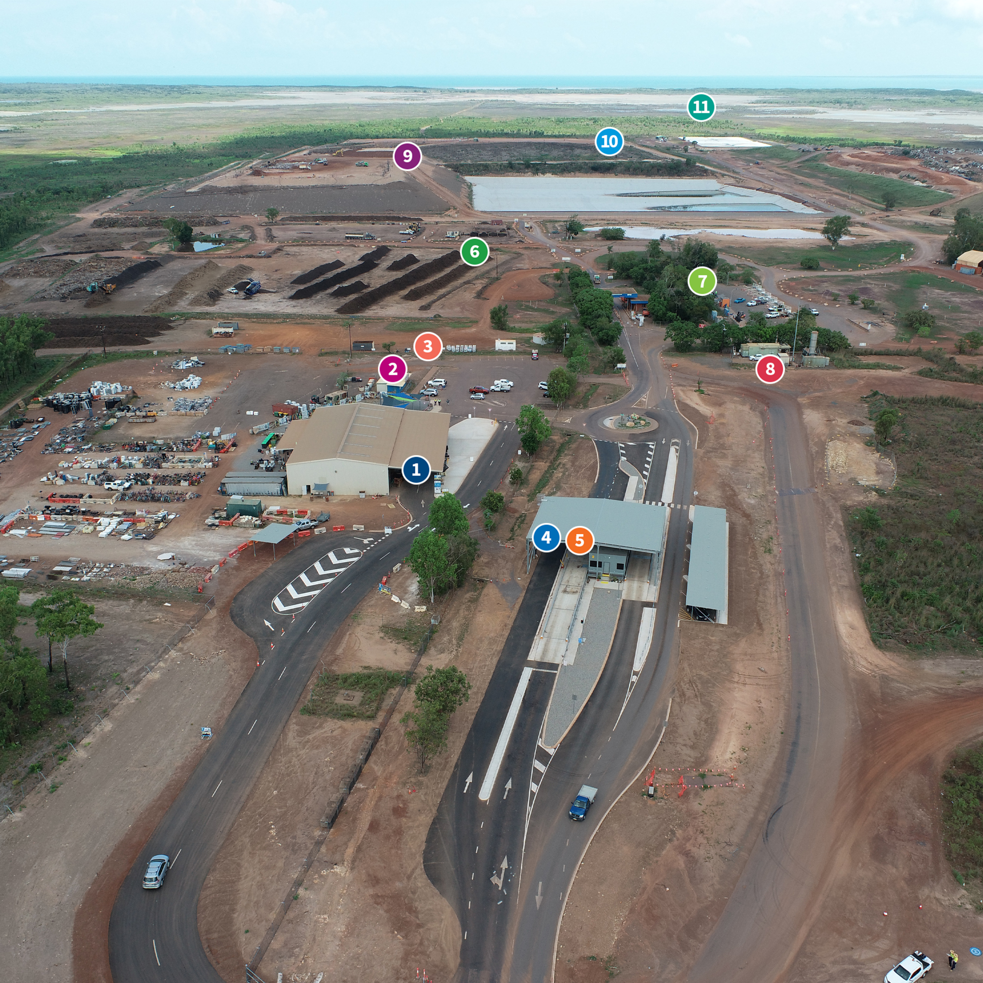 Aerial map of Shoal Bay Waste Management Facility with numbered circles to identify important features of Shoal Bay