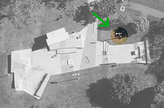 aerial view of skate park indicating location of button to extend operation of lights