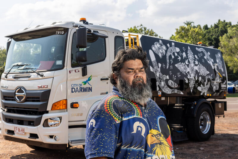Fabian McLennan with his streetsweeper artwork