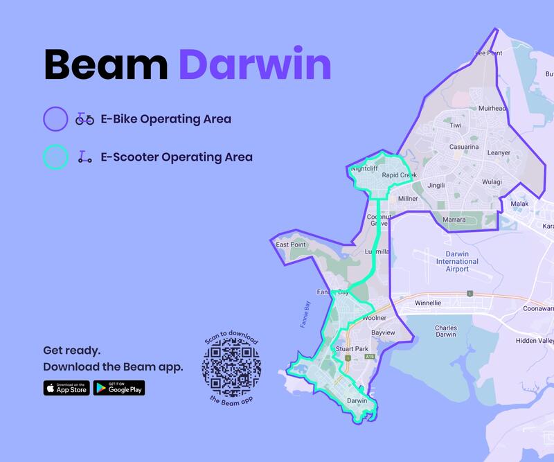 Beam e-scooters and seated e-scooters are now available beyond the Darwin city centre