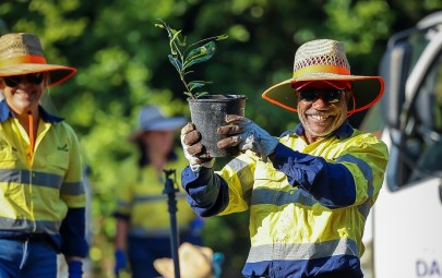 An old man holding a plant pot