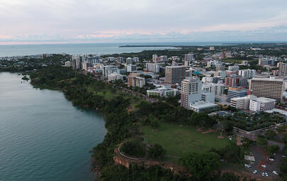 Aerial photograph of City of Darwin and ocean