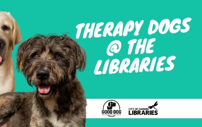 image of two dogs with text "Therapy Dogs @ the Libraries"