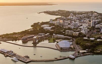 drone footage of city of Darwin