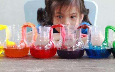 Kid looking at science experiment