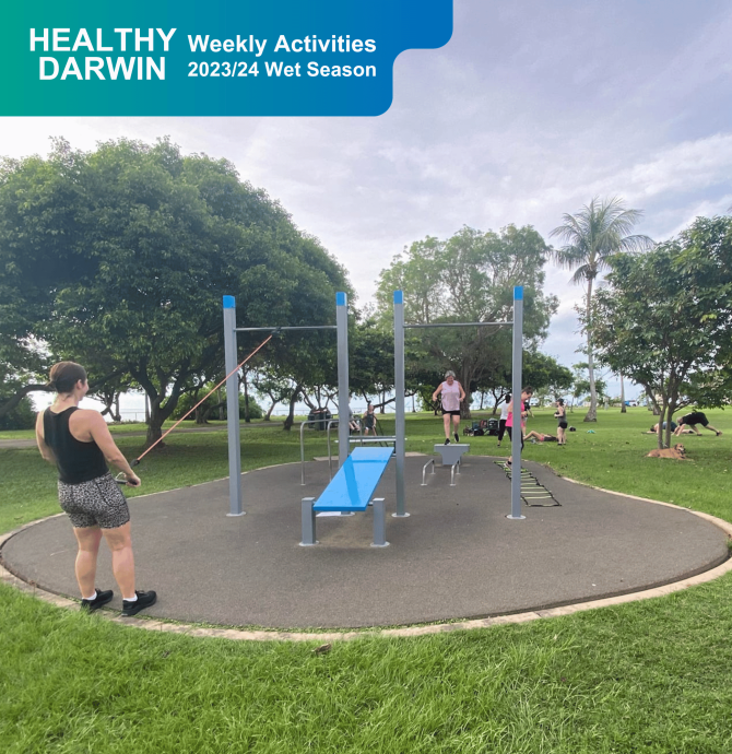 Group of women working out at the sunset park exercise equipment