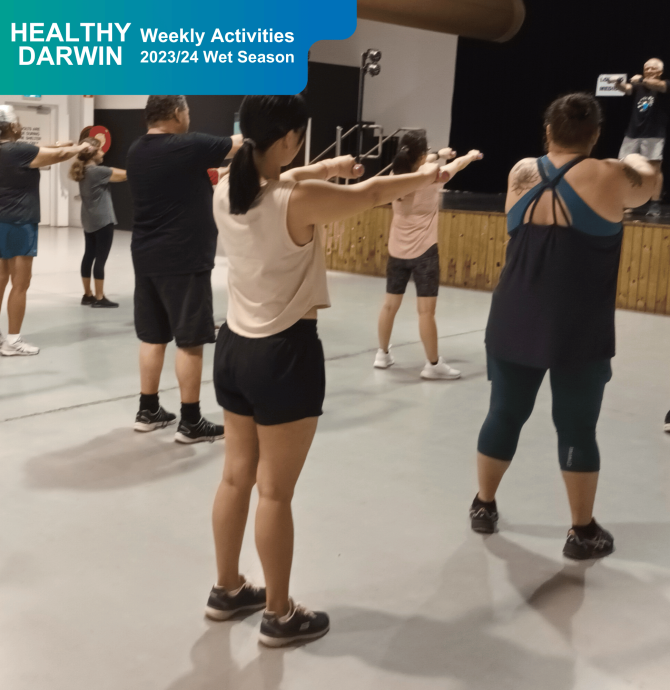 Group of men and women doing Zumba Mashup at Malak Harmony Hall