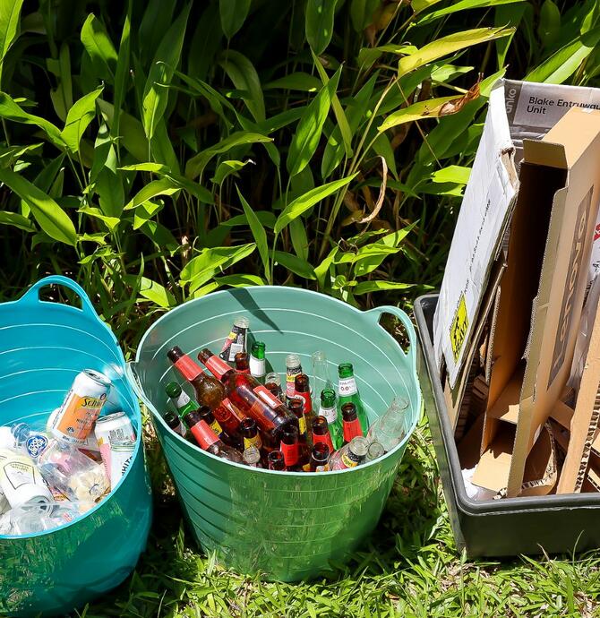 recycled items in buckets