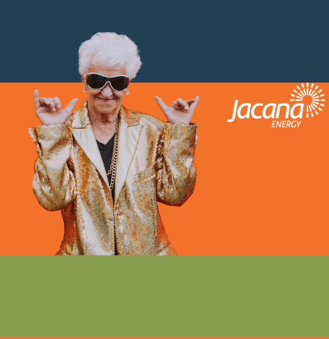senior person in sequin jacks and wearing sunglassess