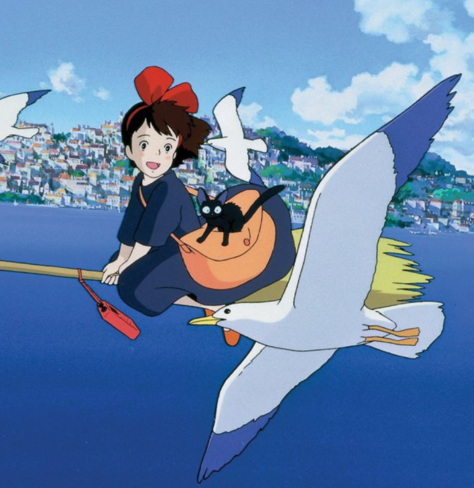 Still image from Kiki's Delivery Service - Kiki flying on broom with seagulls