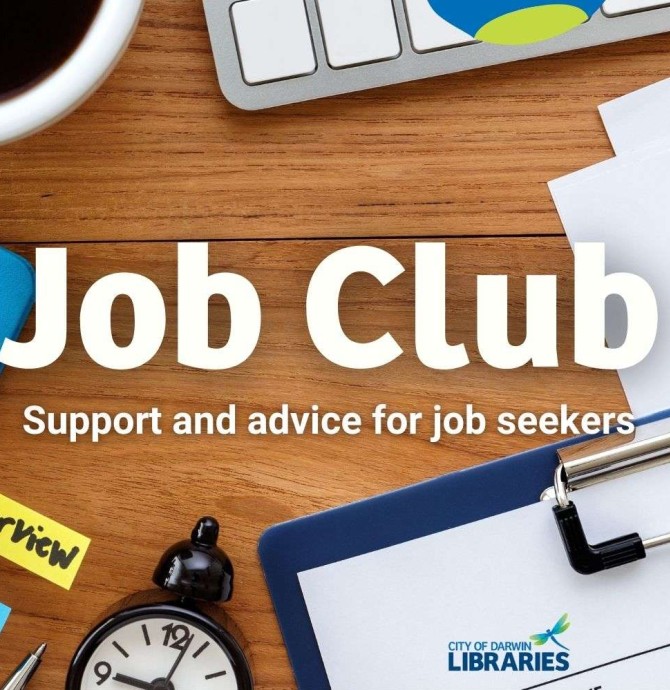 text "job club" over background of desk with job application and resume