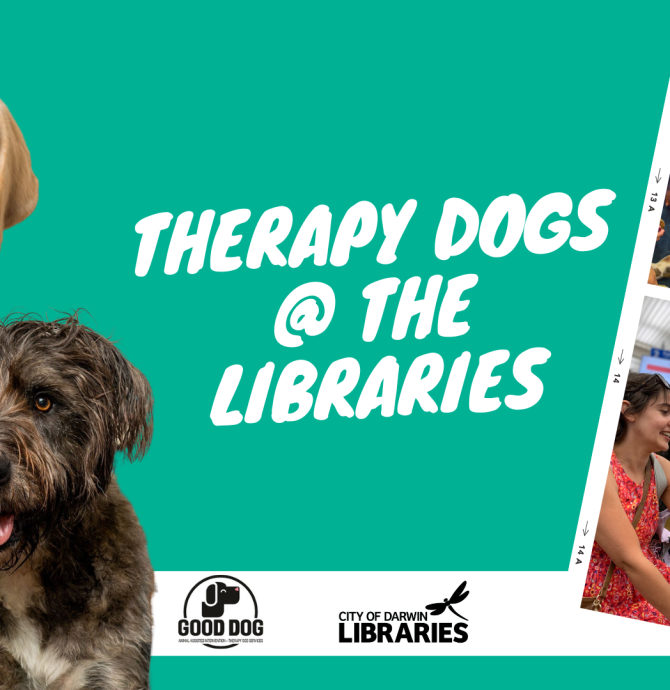 image of two dogs and text "Therapy Dogs @ the Libraries"