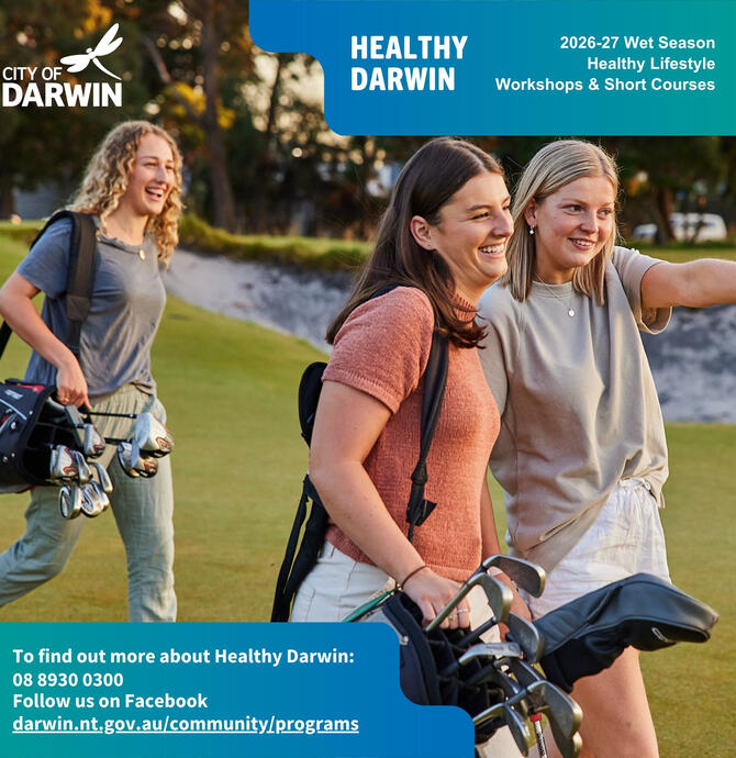 social media tile - three women walking on a golf course, carrying clubs bags, with a sand trap behind them