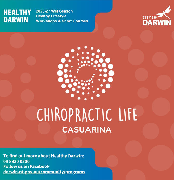 social media tile - Chiropractic Life Casuarina logo - white writing on an ochre background with a swirl of spots