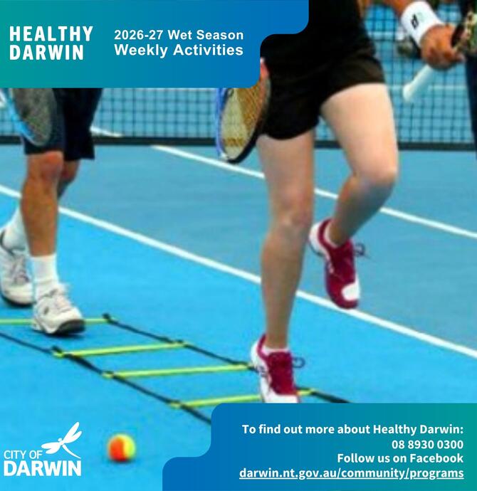 social media tile - tennis players using a footwork agility ladder on a blue tennis court
