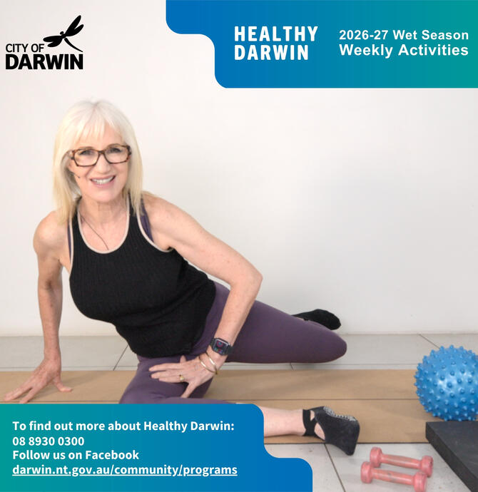 social media tile - instructor holding a pose on an exercise mat with exercise equipment nearby
