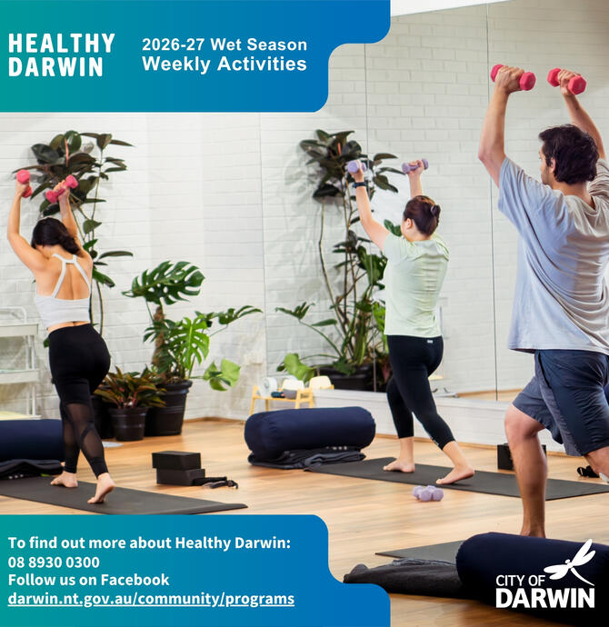 social media tile - participants holding a stretch pose with hand weights above their heads