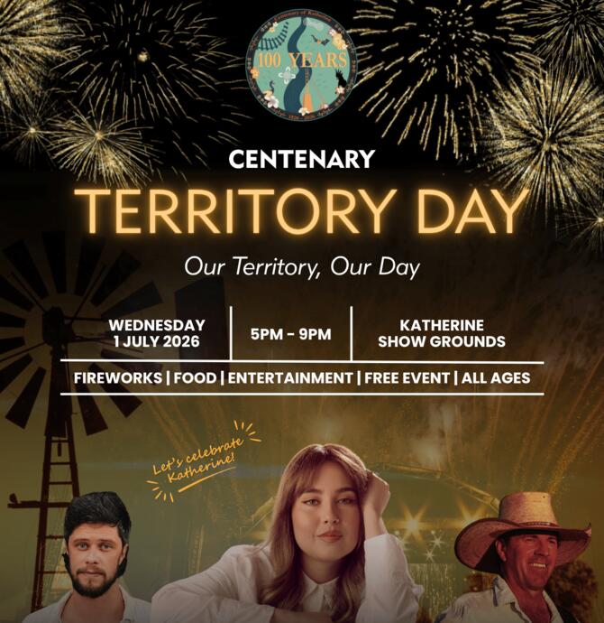 Katherine Territory Day Poster with event details, imagery of fireworks and photographs of headline performers.