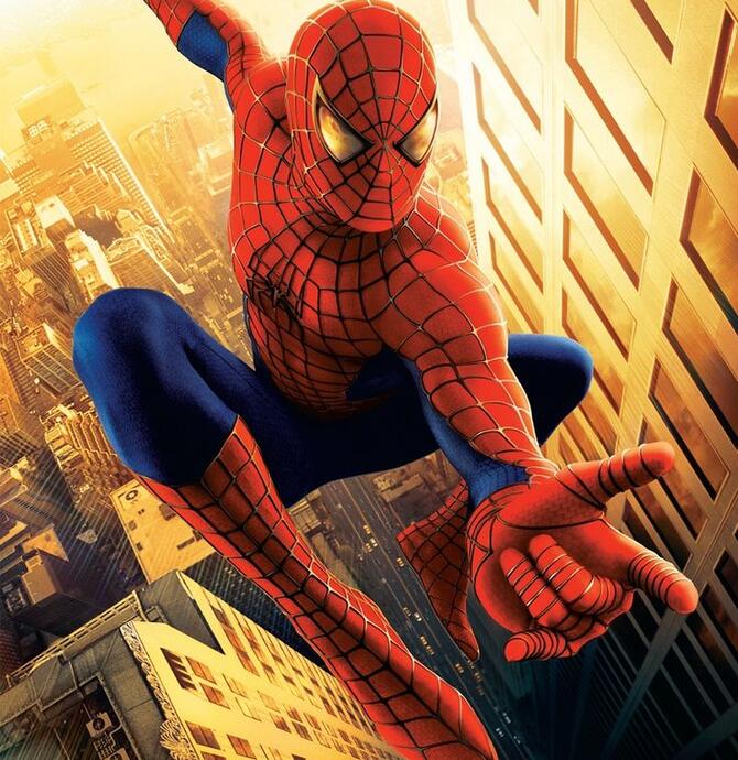 Spiderman poster (spiderman in a red and blue suit on top of buildings)