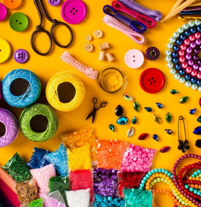 colourful beads, string, buttons