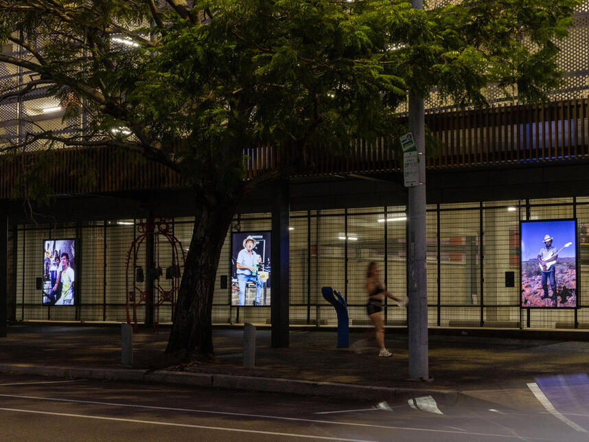 Lightboxes at night near Dragonfly carpark entrance, Smith Street.