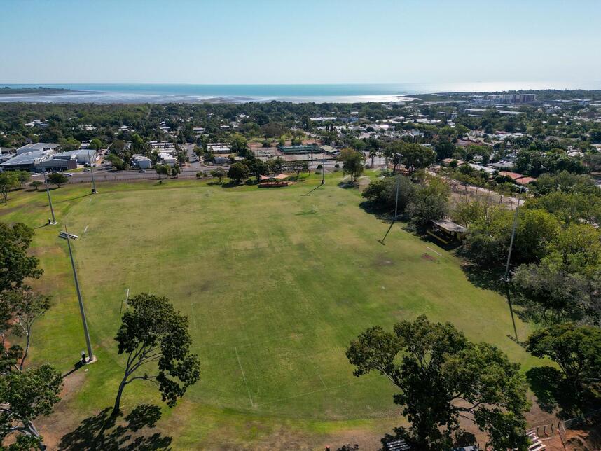 aerial view of Bagot Oval with Darwin Harbour in the background