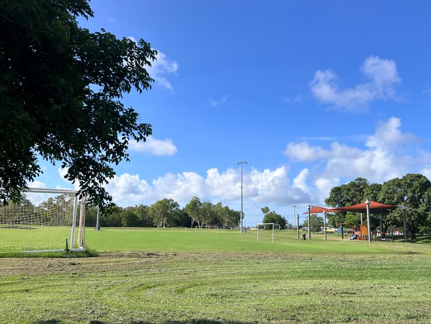 Bagot Oval showing permanent and portable soccer goals and playground