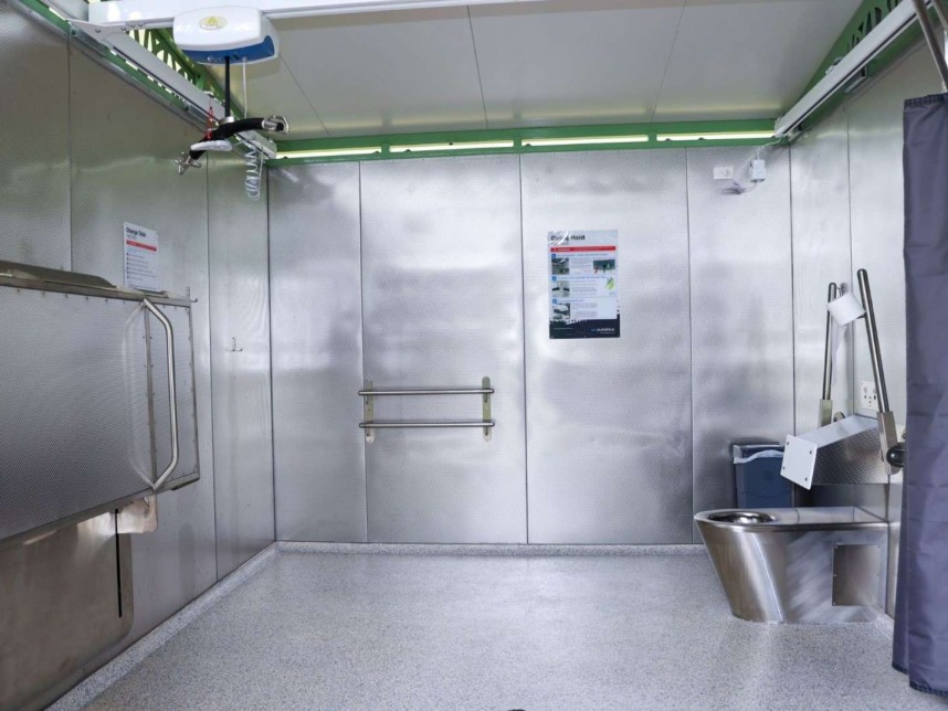 The Change Facility includes hoist and height adjustable adult change table