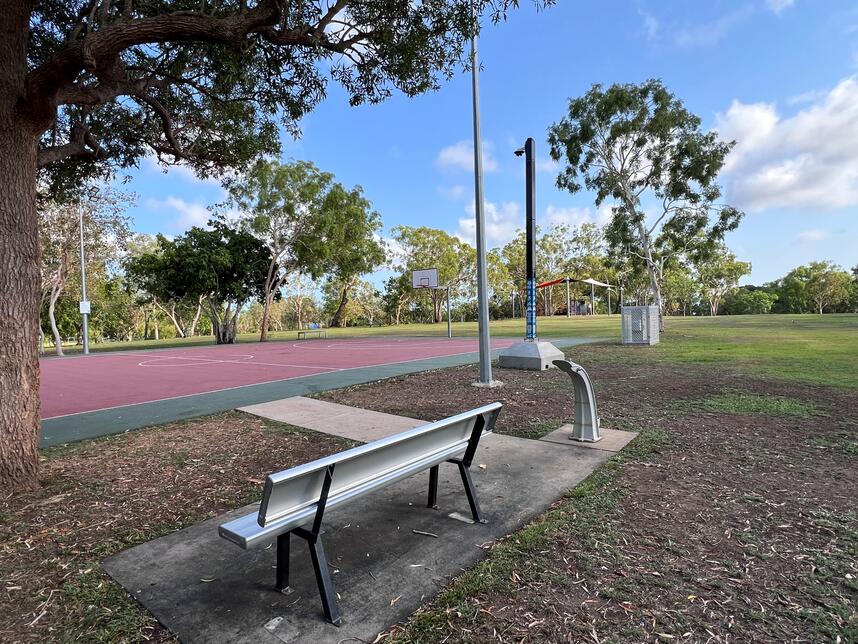 Holzerland Park Basketball Court bubbler, seat and light