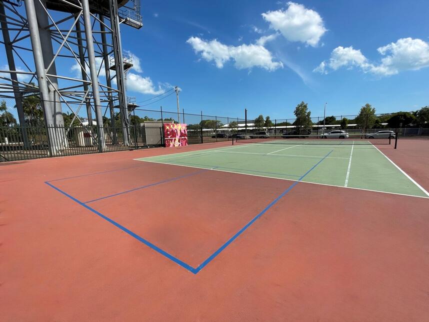 Rapid Creek Tennis Courts - Court One south end showing dual tennis and pickleball court line markings