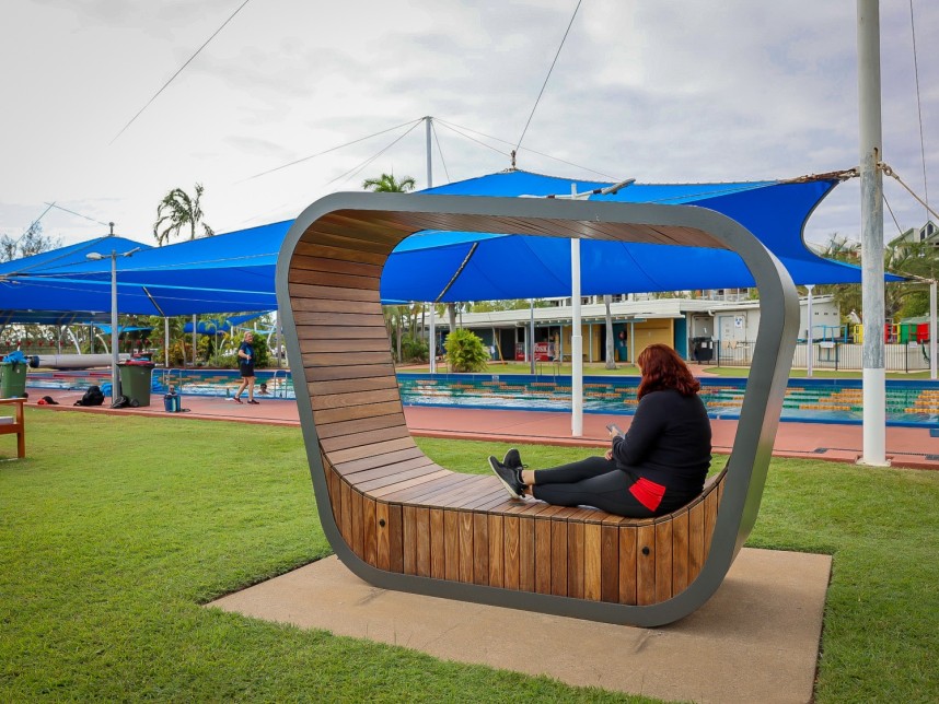 Smart Bench with Model Sitting Left