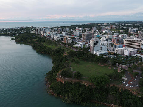 Aerial photograph of City of Darwin and ocean