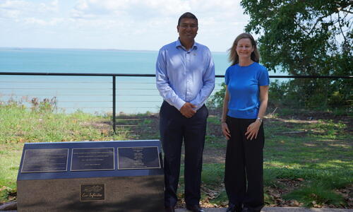 Minister for Veterans Jinson Anto Charls and City of Darwin CEO Simone Saunders at the Cor Infinitus Memorial on the Esplanade. 