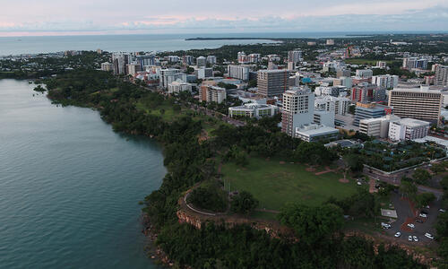 Aerial photograph of City of Darwin and ocean