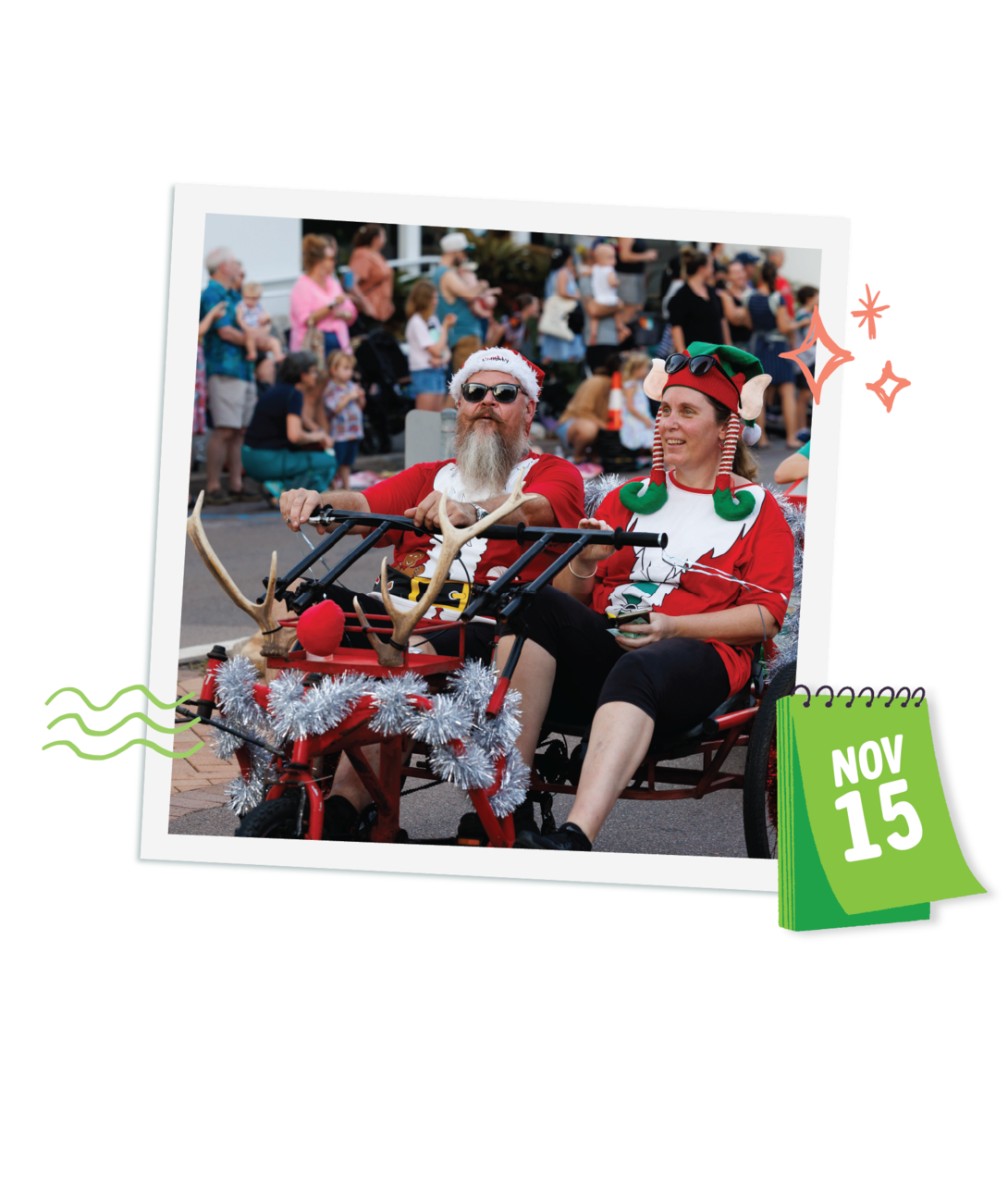 cycling on parade santa and elf