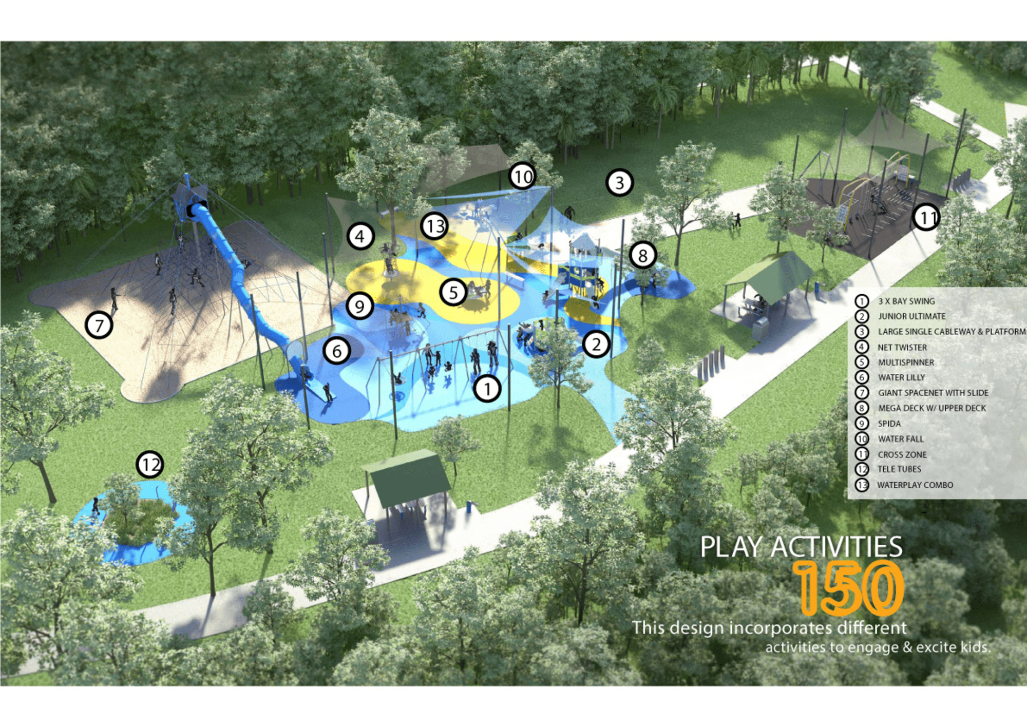 bicentennial play space design and artists impression with diagram of all equipment